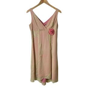 Adrianna Women’s Green Pink Y2K Floral Embroidered Dainty Bead Slip Dress Size 6